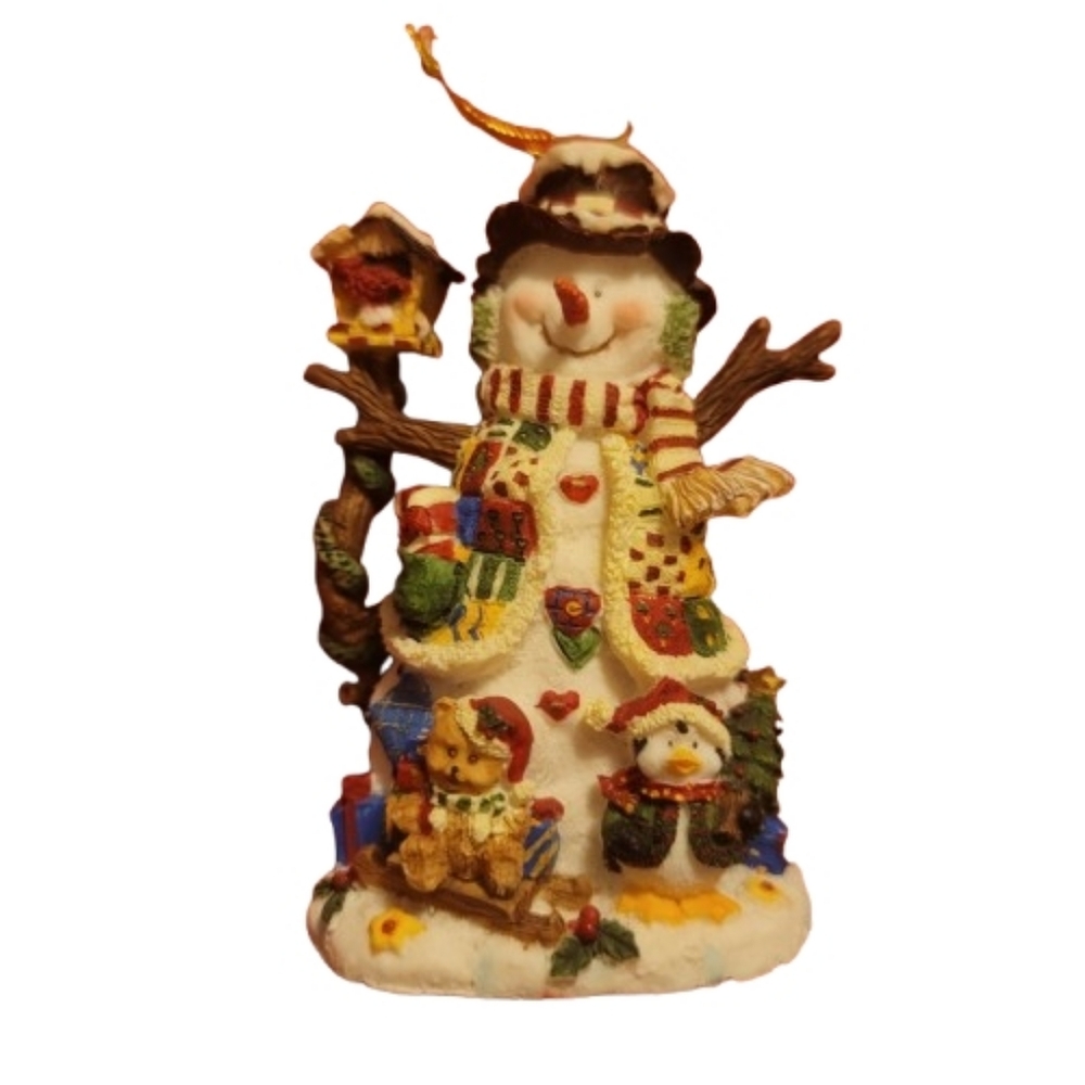Festive Snowman Figurine with Colorful Accents In Decorative Tin Penguin Teddy
